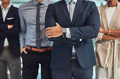 Buy stock photo Business people, confident and crossed arms for leadership, collaboration and success in office. Lawyer, attorney and legal team for partnership, advocate and justice system in law firm with pride