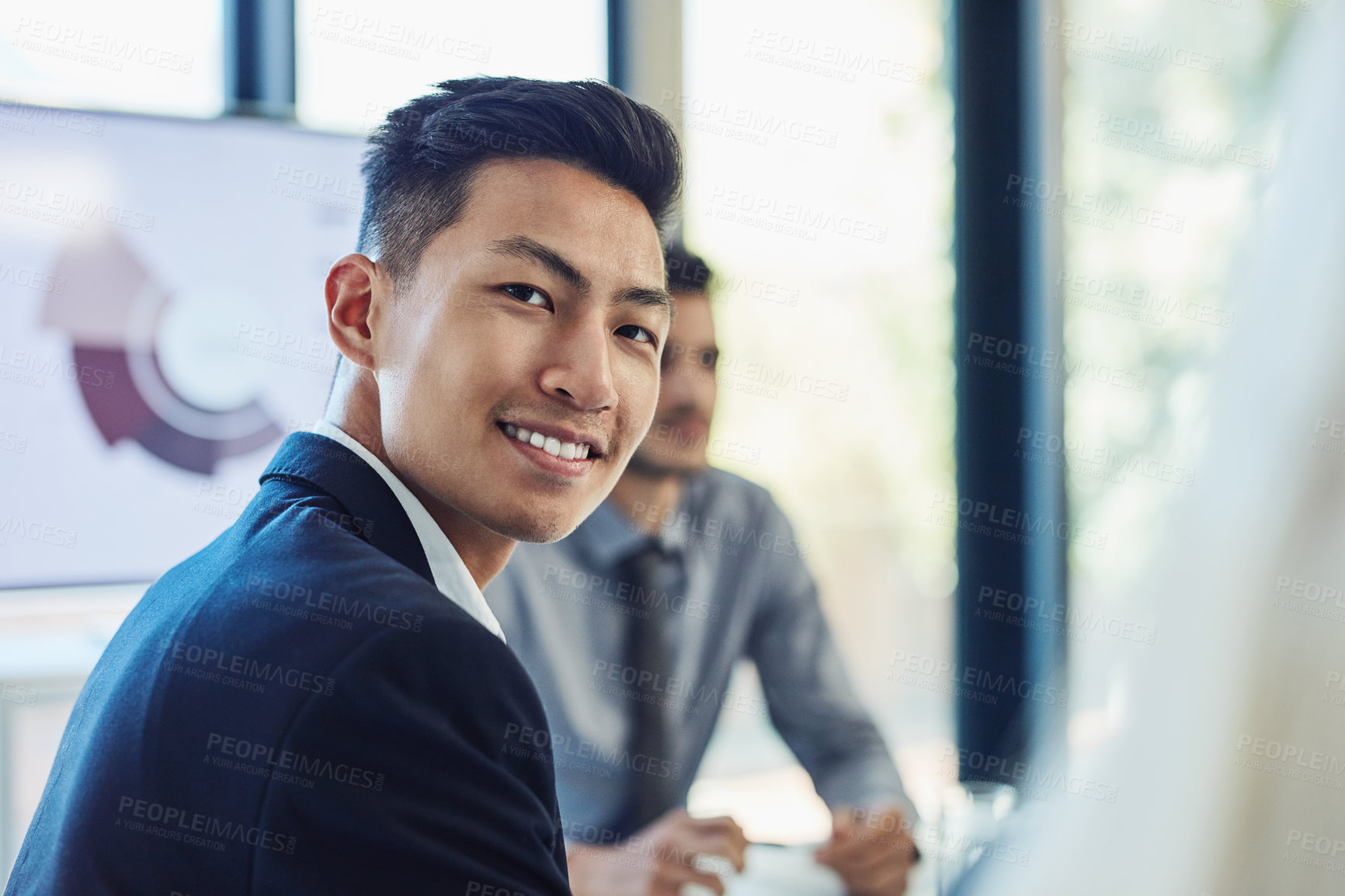 Buy stock photo Boardroom, portrait and businessman in meeting, corporate and training workshop for project feedback. Office, coworker or male consultant with smile for networking, professional growth and confident