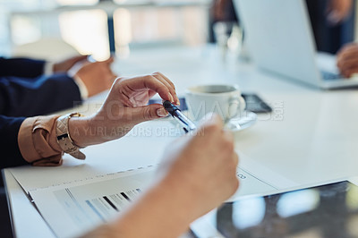 Buy stock photo Hands, pen and business secretary in meeting for planning, collaboration or brainstorming ideas. Closeup, person and discussion with group in office for agenda summary, schedule or notes for minutes