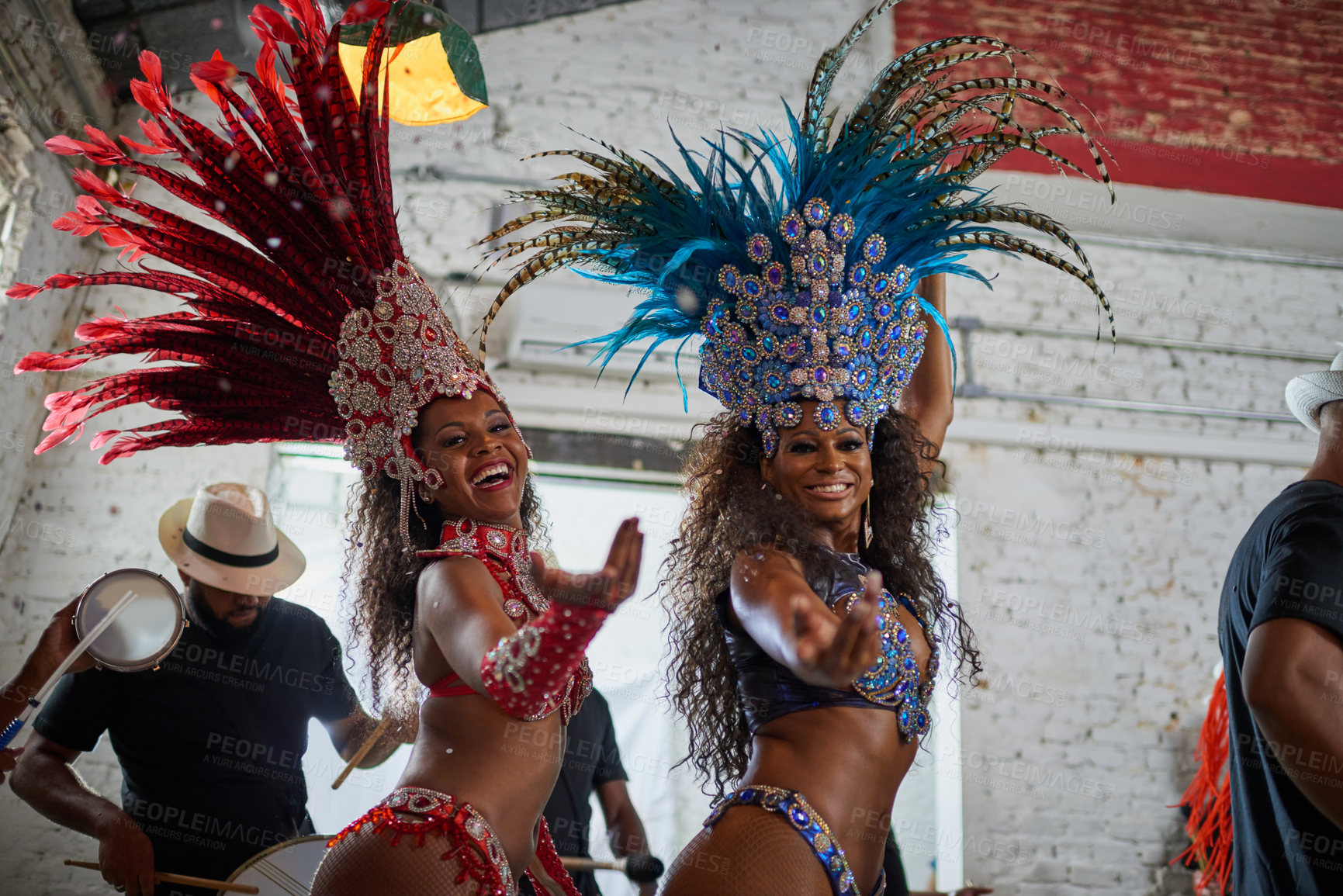 Buy stock photo Brazil, costume and dance with portrait of women outdoor for carnival at night in celebration of culture. Energy, samba and sexy with happy people in Rio de Janeiro for performance or tradition