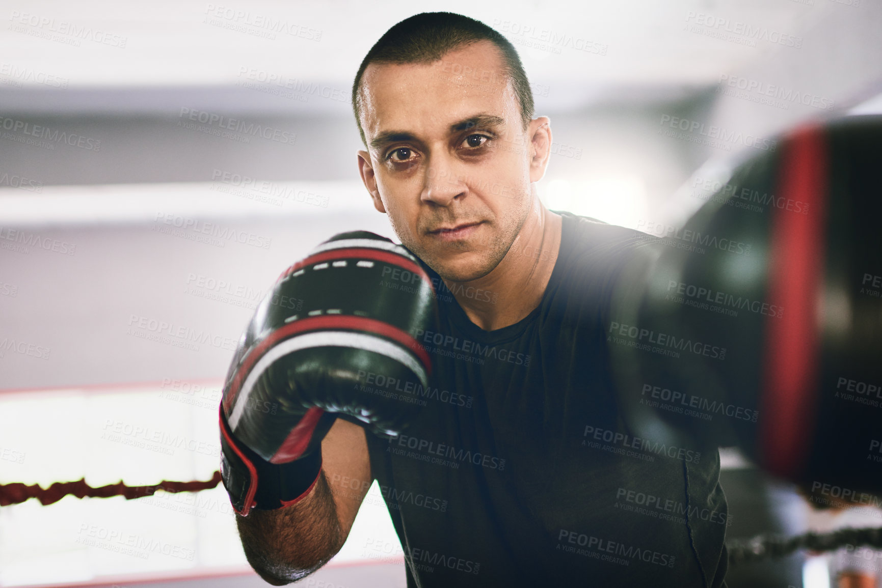 Buy stock photo Portrait of a confident young male boxer wearing boxing gloves while throwing punches at the camera inside of a ring at a gym during the day