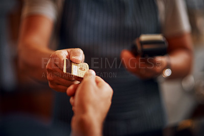 Buy stock photo Credit card, cashier and man hands with payment machine in a restaurant with customer service. Employee hand, male person and cafe barista with transaction and buying in a retail store at checkout 