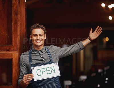 Buy stock photo Welcome, business owner or portrait with open sign for new brewery, hospitality or smile in Italy. Startup, entrepreneur or happy at door for dream distillery, ready for sales or craft beer tasting