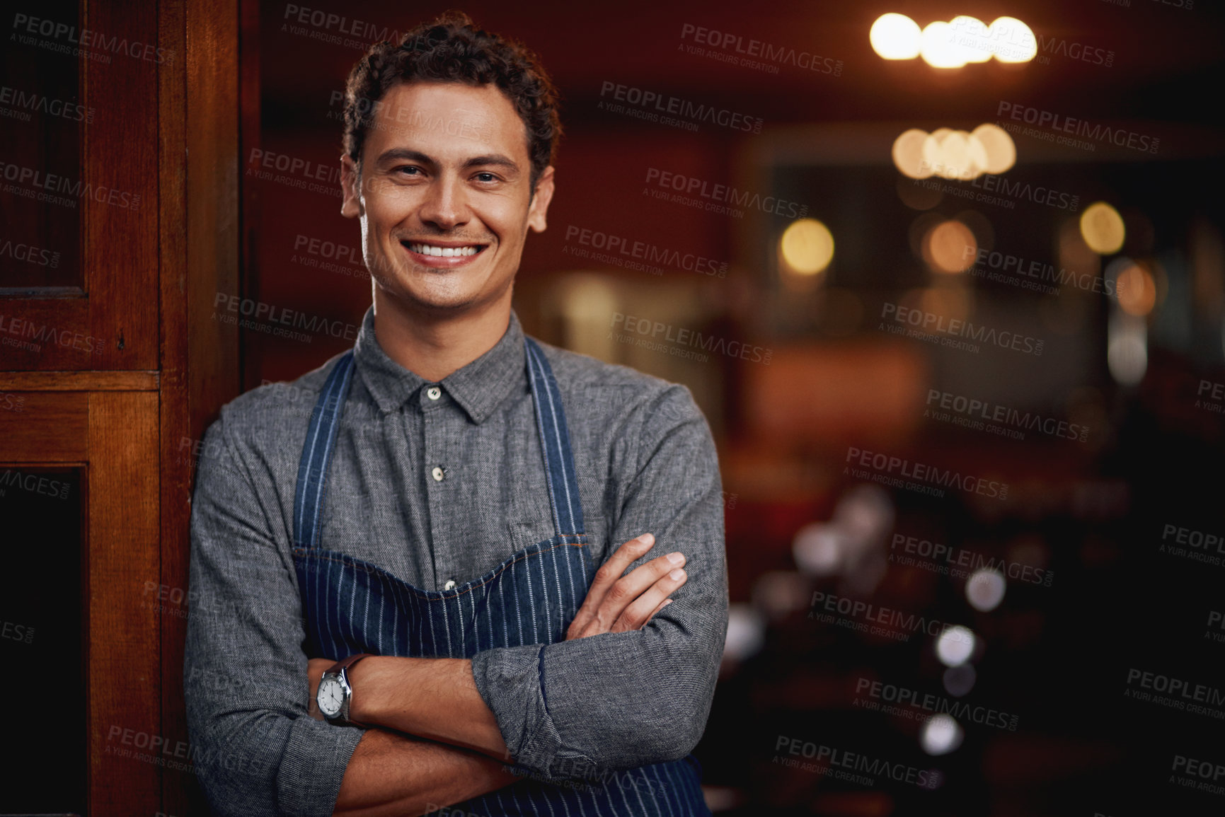 Buy stock photo Portrait, man and small business owner of cafe, restaurant or pub with a smile for career pride. Male entrepreneur person as manager, barista and waiter or bartender at door for shop welcome greeting
