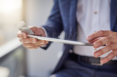 Buy stock photo Closeup, person and hands with tablet for credit card, digital banking and transaction for payment. Office, businessman and technology with debit for online shopping, ecommerce and scroll for balance