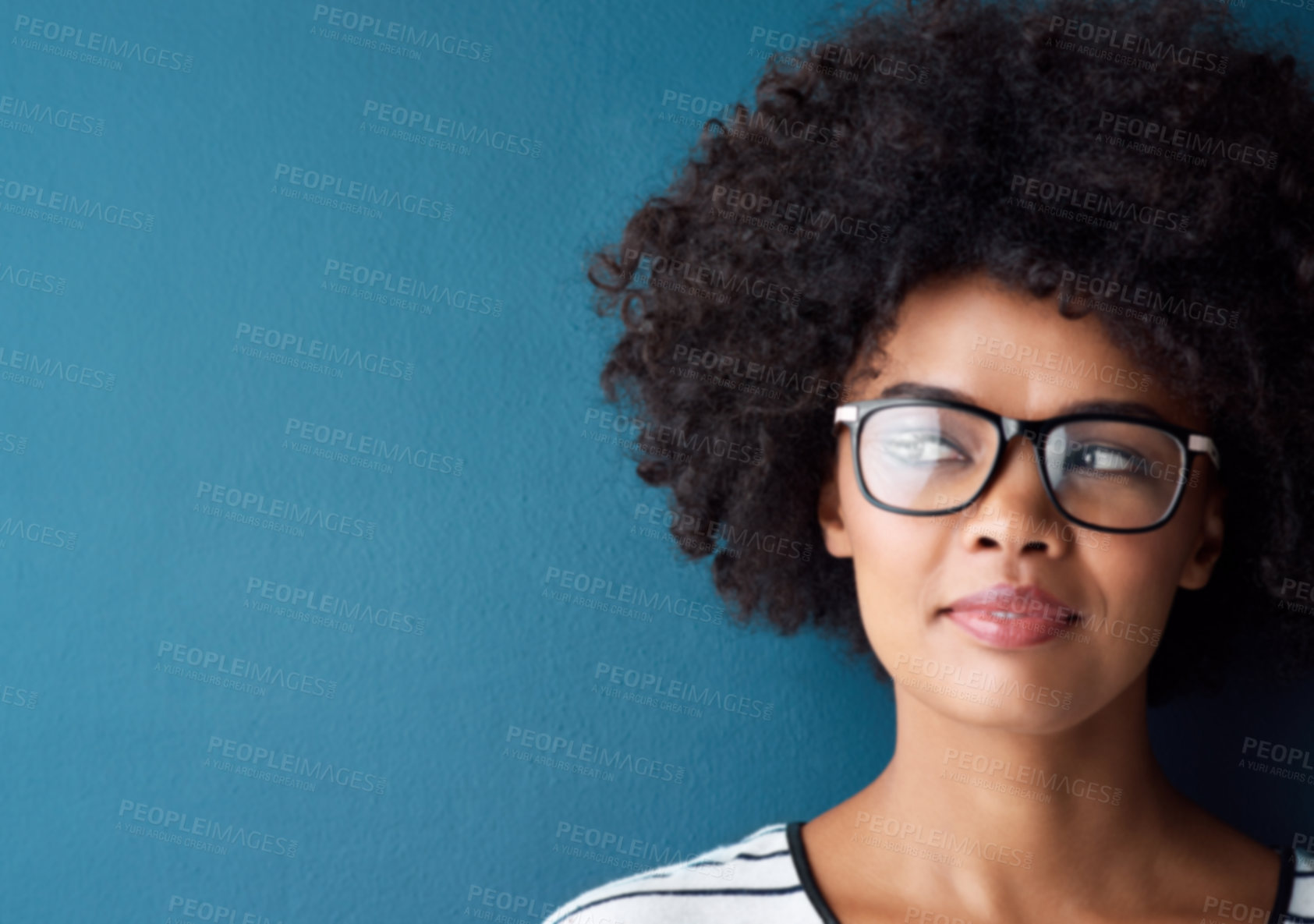 Buy stock photo Black woman, thinking and glasses as prescription with eyewear for eyesight, vision and confident. Blue background, female person and frame for spectacles, lenses and smile with mockup space