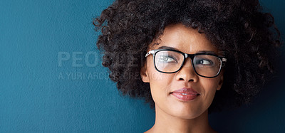 Buy stock photo Optometry, vision and female model with glasses in studio with thinking, pensive or idea face expression. Optical wellness, healthcare and African woman with spectacles by blue background with mockup