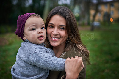 Buy stock photo Portrait of a mother bonding with her little son outdoors