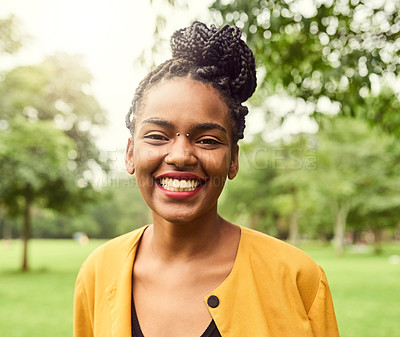 Buy stock photo Student, portrait and park activity of young person happy about nature, travel and freedom. Face, smile and laughing woman with New York, countryside and garden relaxing for summer fun and health