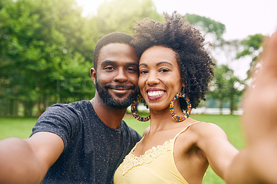 Buy stock photo Outdoor, black couple and portrait with selfie for picture, photography and memory together in relationship. Park, man and woman with love for commitment, dating and bonding with happiness in nature