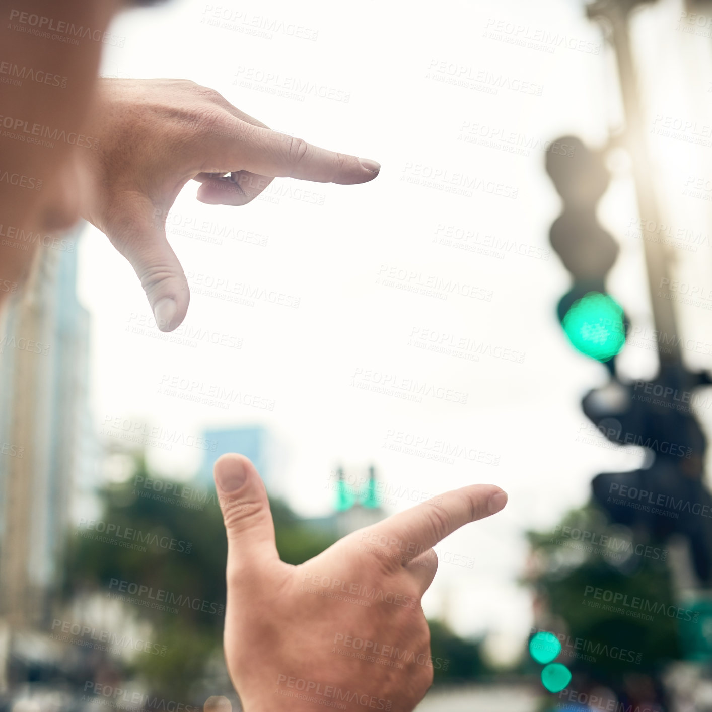 Buy stock photo Hands, man and frame in city for idea, vision and brainstorming urban development. Architect, picture gesture and person on street for design inspiration, business or new building project in Chicago