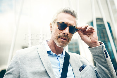 Buy stock photo Portrait, business and mature man with sunglasses, outdoor and urban town with buildings, corporate outfit and pride. Funky eyewear, real estate developer and professional with confidence or New York