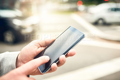 Buy stock photo Phone screen, business and hands closeup in street for parking app, travel and check email. Mobile, person and  scroll outdoor in city for loan, transport lease and retail sales with car rental agent