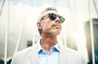 Buy stock photo Thinking, sunglasses and mature man in city, ideas and urban town with buildings, decision and travel. Commute, real estate developer and professional with eyewear, New York and corporate startup