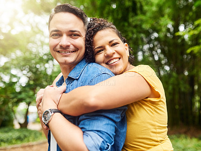 Buy stock photo Outdoor, couple and portrait with hug for connection, happy marriage and relationship in backyard. People, woman and man with love embrace for bonding together, commitment and affection in park