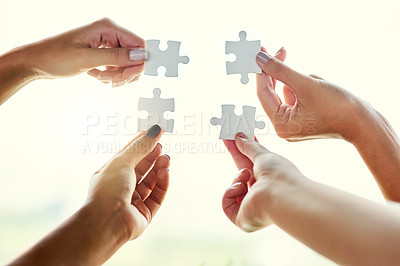 Buy stock photo Closeup, hands and business people with puzzle for teamwork, support and connect ideas for startup. Collaboration, employees and decision with jigsaw for solidarity, solution or problem solving skill