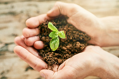 Buy stock photo Closeup shot of a person holding a plant growing out of soil