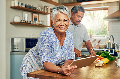 Buy stock photo Portrait of old woman in kitchen with man, tablet and cooking healthy food together in home. Digital recipe, smile and senior couple in house with meal prep, happiness and wellness diet in retirement