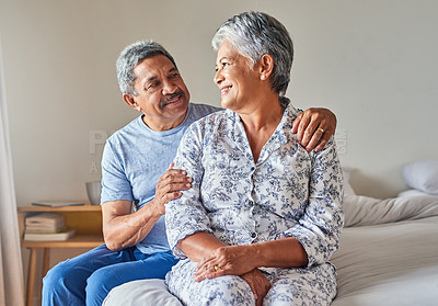 Buy stock photo Bedroom, support and senior couple with love, comfort and bonding together with happiness. House, elderly man and mature woman on bed, smile and relax with marriage, resting and relationship