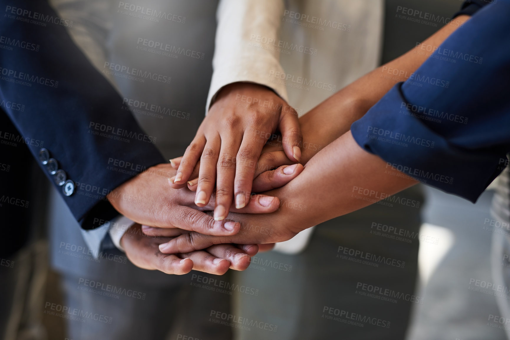 Buy stock photo Company, team building and business people with hands together in meeting for collaboration in project. Corporate, employees and group with stack at office for partnership, solidarity and motivation