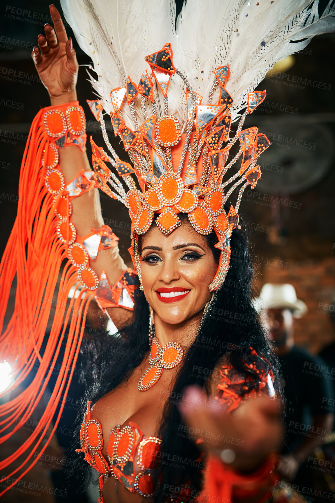 Buy stock photo Carnival, portrait and smile of woman in Brazil for culture, performance or tradition at festival. Costume, dance and samba with happy person in Rio de Janeiro for celebration, concert or party