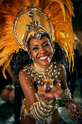 Buy stock photo Cropped portrait of a beautiful samba dancer performing in a carnival with her band
