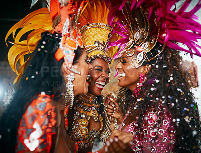 Buy stock photo Dancer, celebration and carnival for art, event or street festival as parade or entertainment in Brazil. Female people, fashion and laugh for freedom, energy or culture as tradition in Rio de janeiro