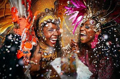 Buy stock photo Dancer, celebration and carnival for culture, event or street festival as parade or entertainment in Brazil. Female people, fashion and laugh for freedom, energy or art as tradition in Rio de janeiro