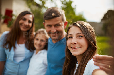 Buy stock photo Portrait, family selfie and happy kids outdoor with parents for love, pov and support for connection. Face, profile picture and mother with father, children and girls together at park for holiday