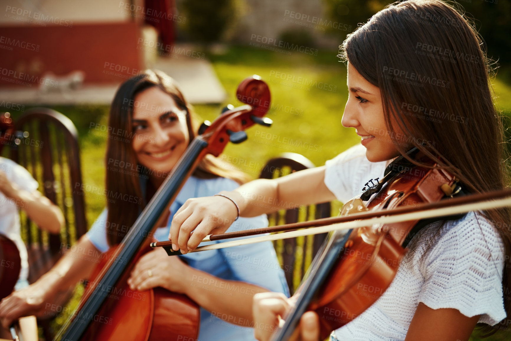 Buy stock photo Music, learning and violin with people in nature for talent, prodigy or orchestra performance. Art, creative and theater with teacher and child playing classical instruments in park for band practice