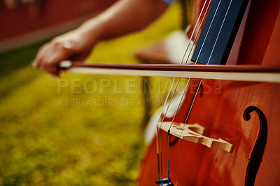 Buy stock photo Person, cello and outdoor on grass for music, talent and entertainment for event. Musician, string instrument and student on lawn for art, rehearsal and practice for creativity with skill development