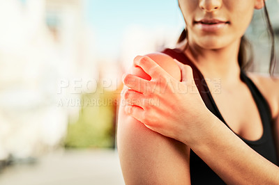 Buy stock photo Closeup, fitness and woman with shoulder pain, sports and exercise with burnout, tired and broken. Zoom, female person and athlete with muscle tension, strain and injury with health issue and workout