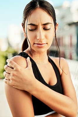 Buy stock photo Exercise, fitness and woman with shoulder pain, training and workout with injury, health issue or sports. Female person, girl or athlete with practice, muscle tension and inflammation with broken arm