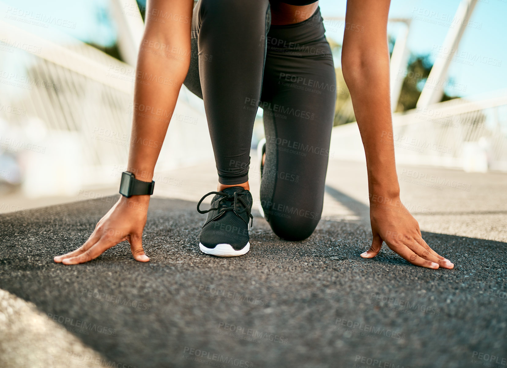 Buy stock photo Start, position and hands of woman with exercise in city for outdoor, training and beginning of run. Athlete, legs and female person on floor in summer for fitness, marathon and preparing for workout