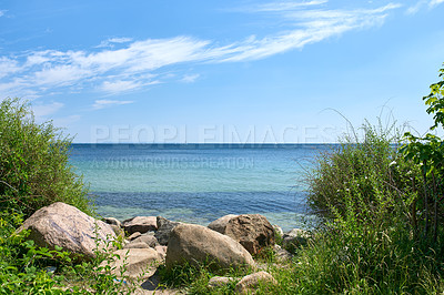 Buy stock photo A shallow rocky coast on a calm quiet beach day during summer with grass growing on the shore. Scenic view of a crystal blue ocean with clear blue skies and white clouds during a warm summer day