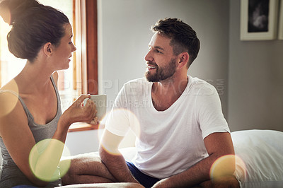 Buy stock photo Cropped shot of a happy young couple in the morning at home