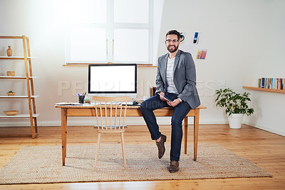 Buy stock photo Remote work, tech or portrait of man at desk for creativity, contact or research articles with mockup screen. Male writer, home office or tablet for update with smile, information or app for feedback