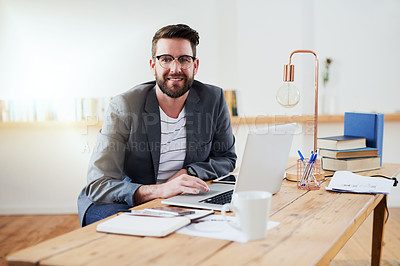 Buy stock photo Man, portrait and connectivity in home for remote work, planning and schedule for productivity. Creative writer, laptop and happy at desk for opportunity, novel idea and book review on internet