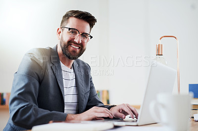 Buy stock photo Happy man, portrait and laptop in home for remote work, planning and schedule for productivity. Creative writer, glasses and computer at desk for opportunity, novel idea and book review on internet