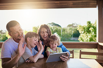 Buy stock photo Parents, children and tablet for video call, outdoor and happy on patio, wave or application at family home. People, kids and smile in backyard with mother, father or touchscreen for contact in Spain