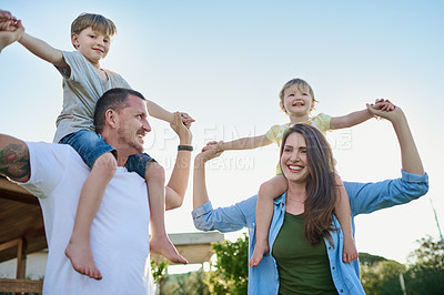 Buy stock photo Parents, kids and airplane on shoulders, playful and happy with holding hands, love and summer. Mother, father and children with play, flight and piggy back with smile in garden with game in Spain