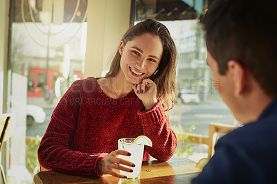 Buy stock photo Happy, couple and drink on date at cafe for valentines day, romantic celebration and commitment. Smile, people and beverage with support for relationship, loyalty and bonding together at restaurant