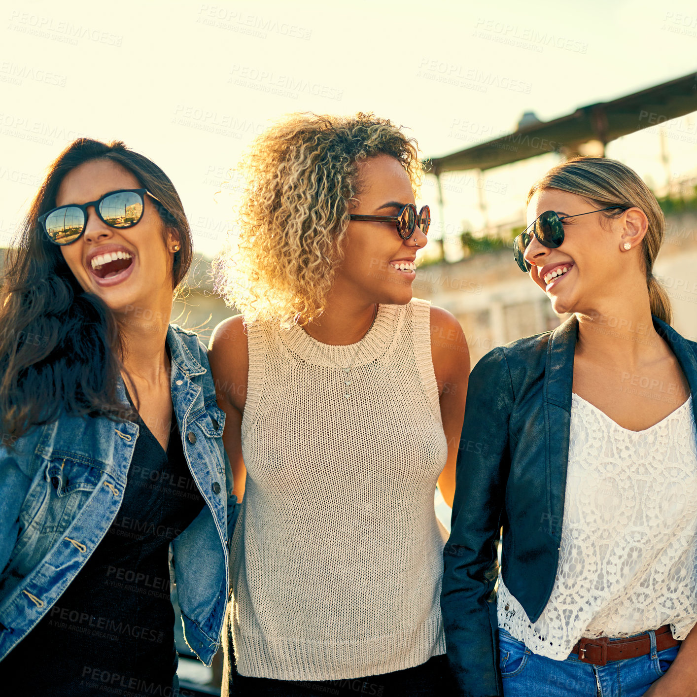 Buy stock photo Outdoor, women and happy with travel in summer for bonding, vacation or weekend trip together. Relax, smile and female friends with sunglasses in sunshine for adventure, journey or reunion on holiday