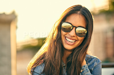 Buy stock photo Portrait of an attractive young woman spending the day outside on a rooftop