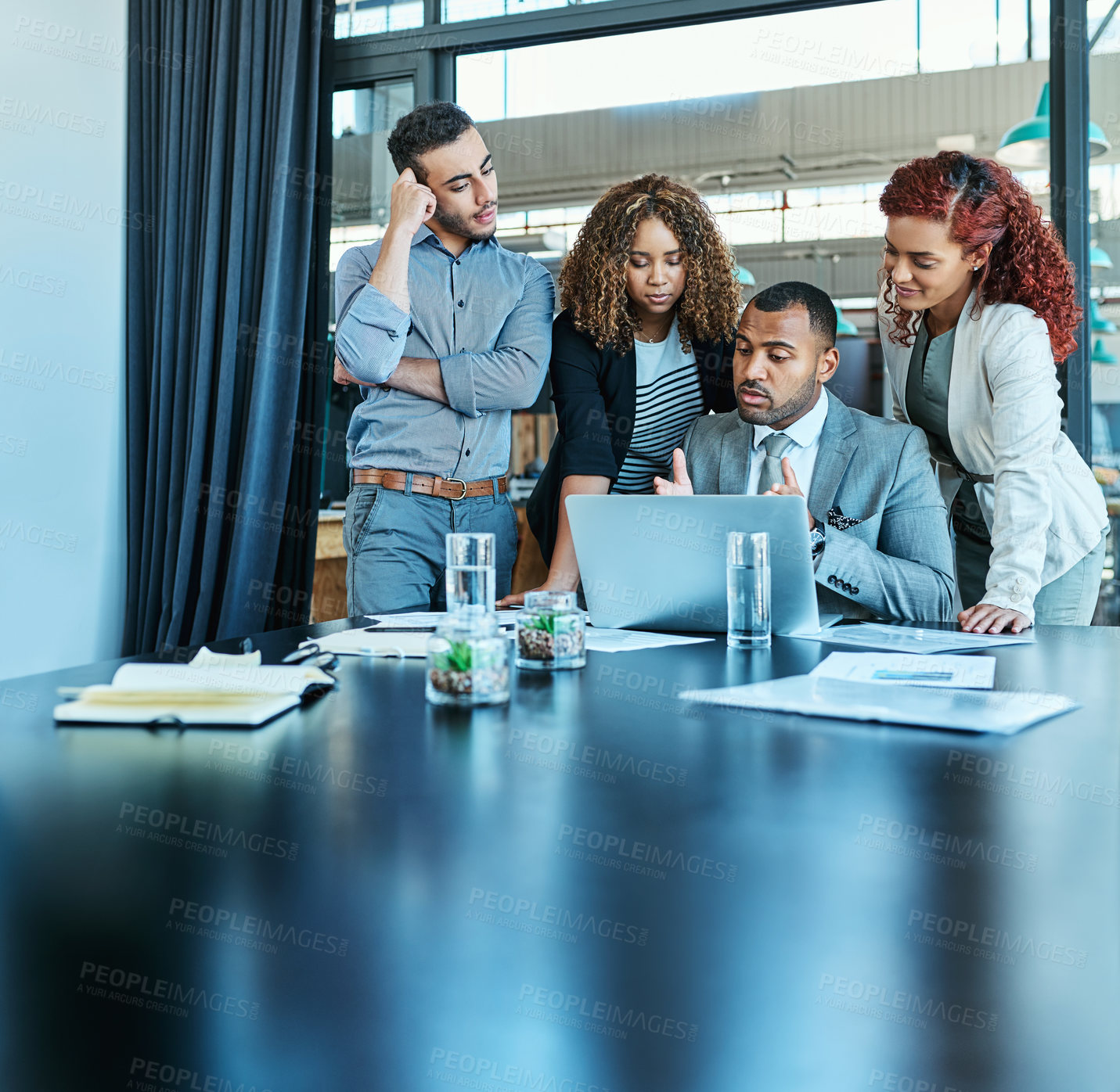 Buy stock photo Laptop, meeting and group of business people brainstorming solution, planning and help in office. Computer, project manager and team together for sales discussion, budget increase or problem solving