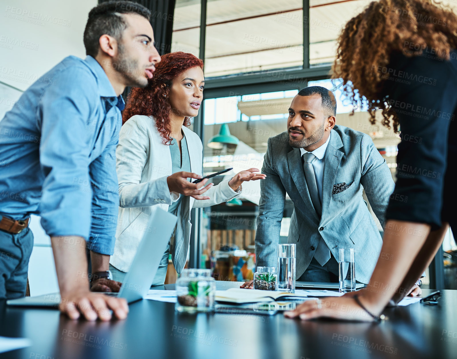 Buy stock photo Discussion, meeting and group of business people planning solution, problem solving or help in office. Laptop, project manager and team together for progress update, collaboration and brainstorming