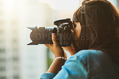 Buy stock photo Travel, photographer or woman with a camera, city or capture memory on a vacation. Female person, professional or girl with photography equipment, outside or shooting on holiday, pictures and journey
