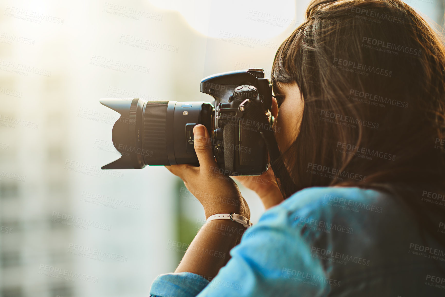 Buy stock photo Travel, photographer or woman with a camera, city or capture memory on a vacation. Female person, professional or girl with photography equipment, outside or shooting on holiday, pictures and journey