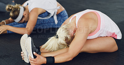 Buy stock photo Shot of young women working out together in a gym
