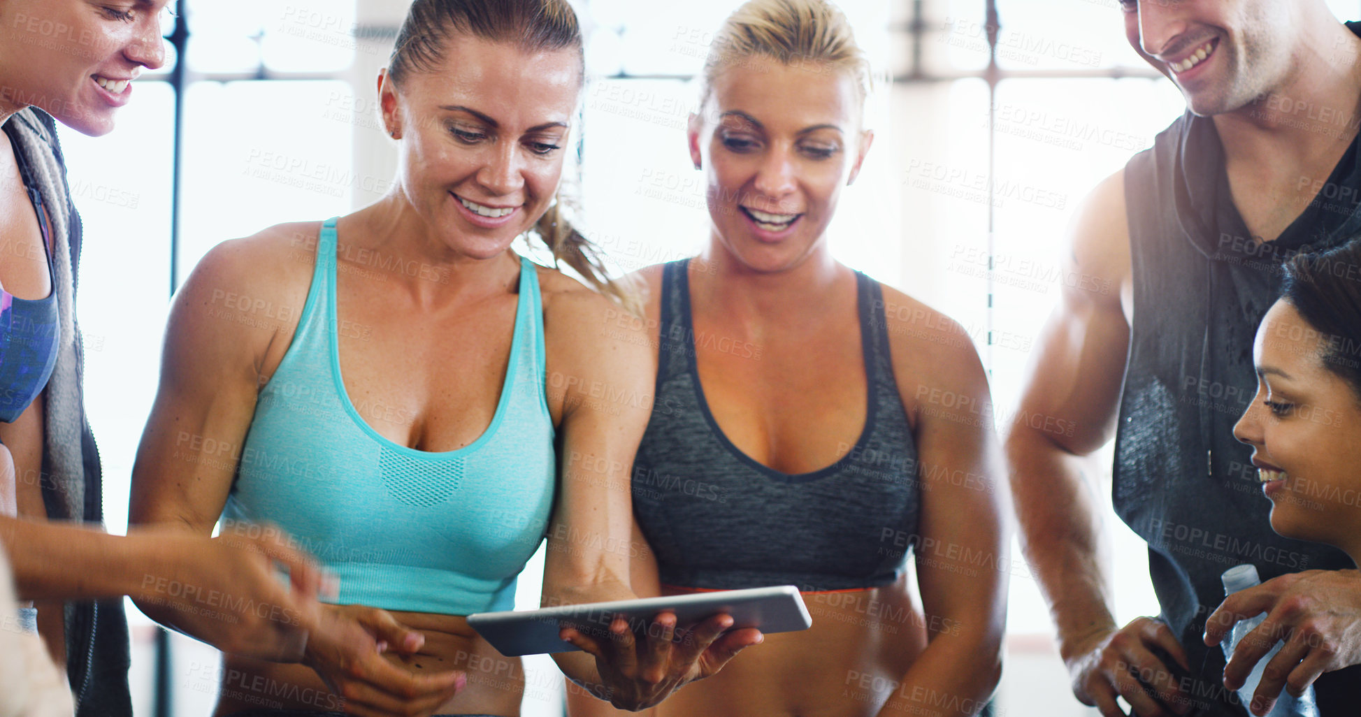 Buy stock photo Shot of a group of happy young women using a digital tablet together in a gym